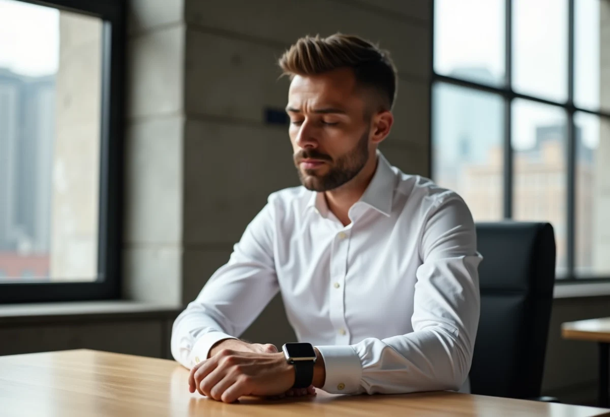 Homme en bureau moderne vérifiant sa montre élégante