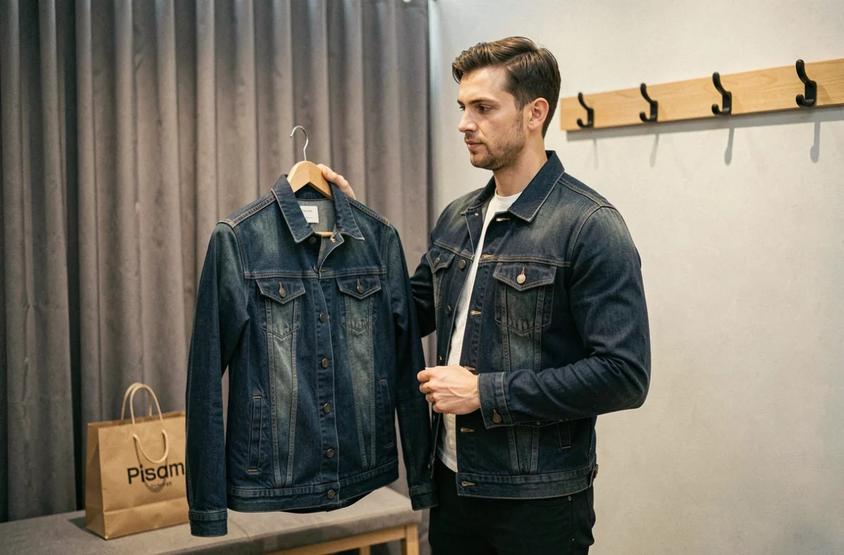 Homme comparant deux tailles de veste en jean IKKS devant un miroir de cabine d'essayage