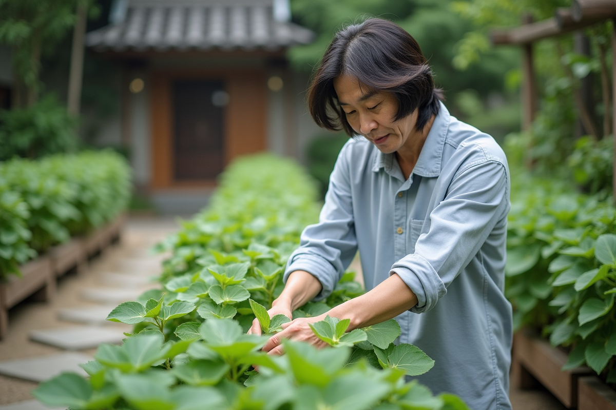 Homme coreen dans un jardin d