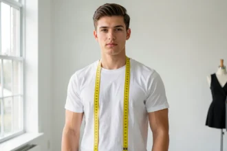Homme dans un studio de mode avec un ruban de couture autour du cou