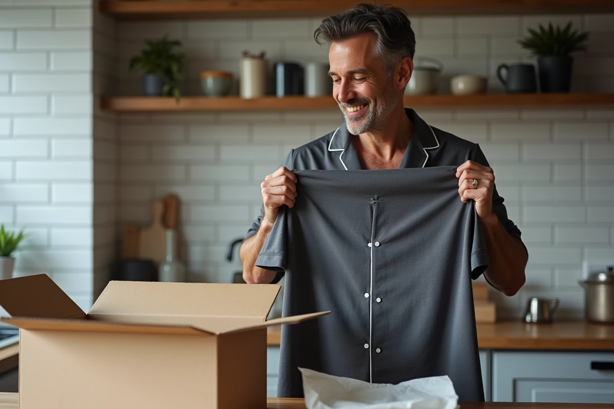 Homme déballant un pyjama personnalisé reçu par commande en ligne, vérifiant la qualité de la broderie et l'ajustement du vêtement dans sa cuisine