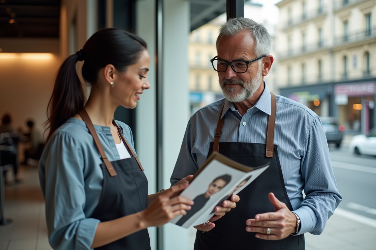Homme en discussion avec coiffeur devant vitrine moderne
