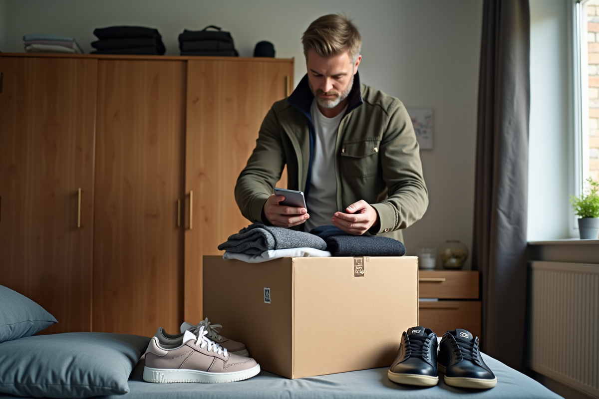 Homme emballant des vêtements de marque dans une chambre lumineuse