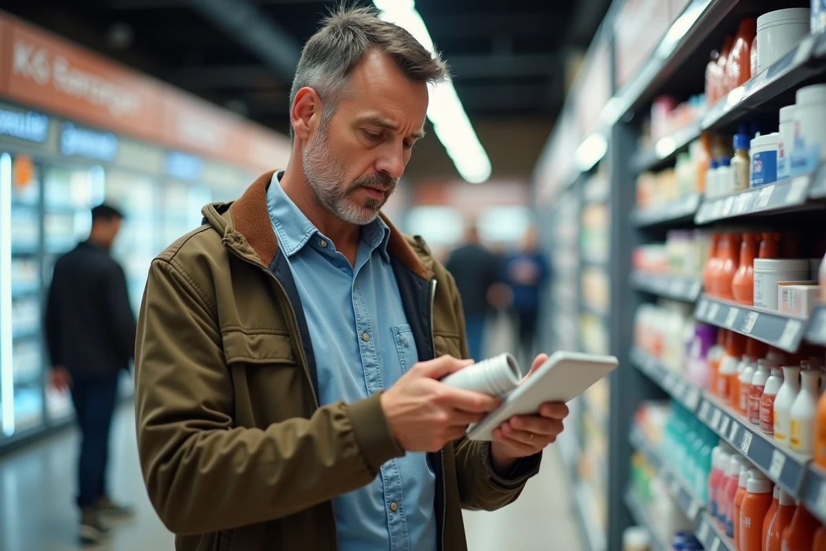 Homme regardant une étiquette de produit en supermarché
