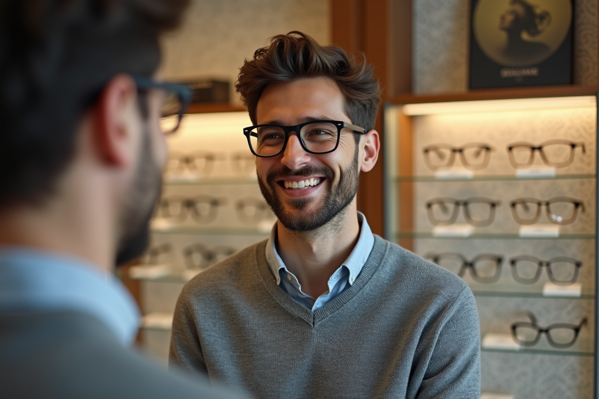 Homme ajustant ses lunettes dans une boutique optique