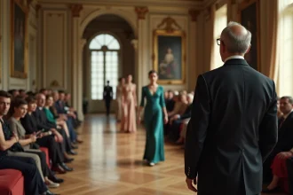 Homme élégant en costume ancien observant des modèles féminins