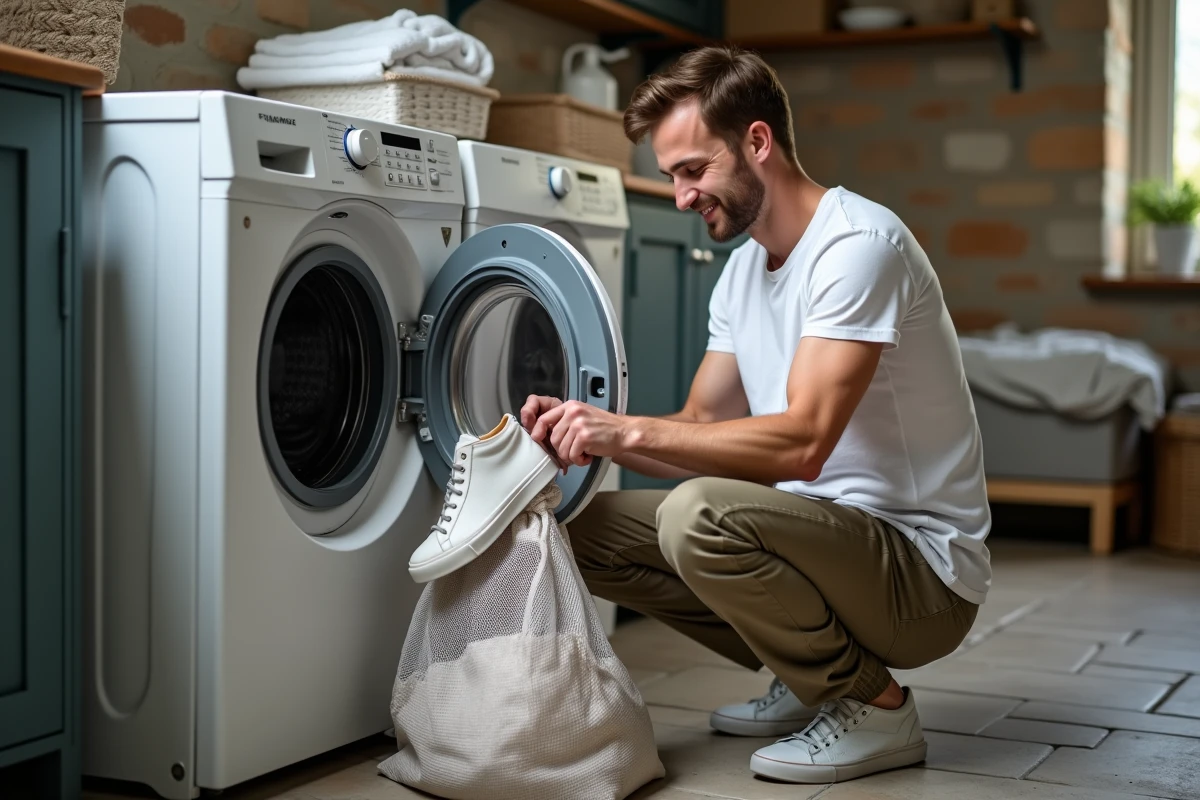 Homme nettoie des sneakers dans une buanderie pratique