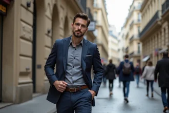 Homme élégant marchant dans Paris ajustant son pantalon