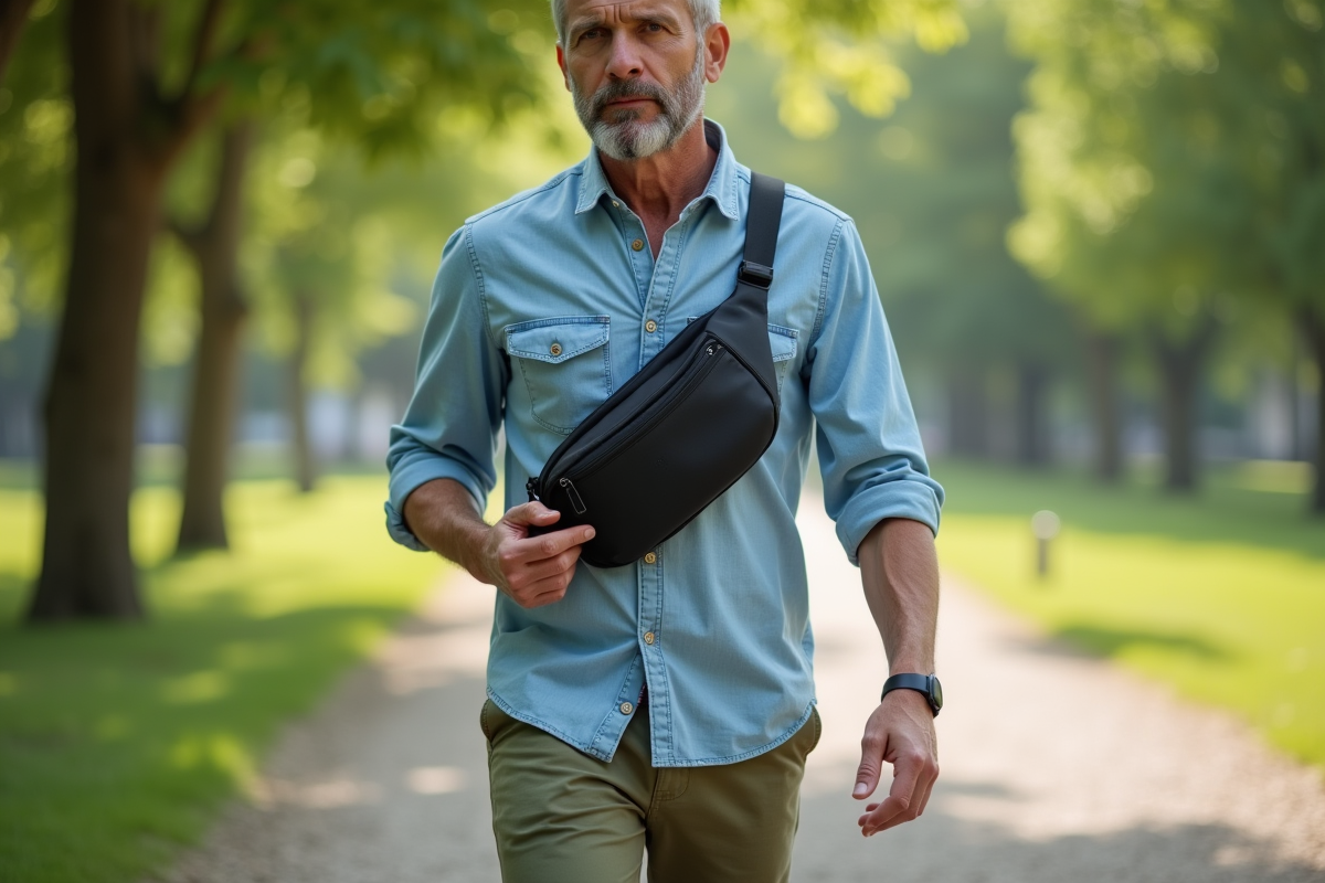Homme en plein air ajustant sac nylon dans un parc