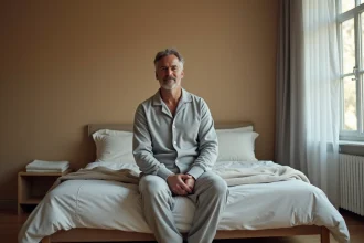 Homme d'âge mûr portant une pyjama grenouillère grise adaptée, assis confortablement sur un lit dans une chambre sobre et apaisante