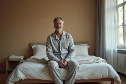 Homme d'âge mûr portant une pyjama grenouillère grise adaptée, assis confortablement sur un lit dans une chambre sobre et apaisante
