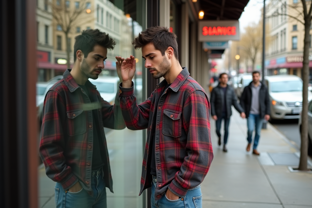 Jeune homme ajustant son eyeliner dans une vitrine de boutique