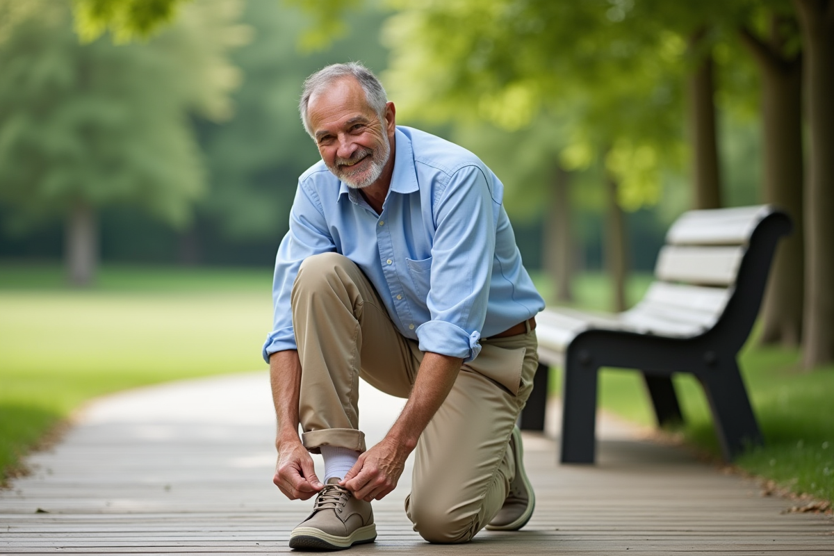 Homme senior en plein air lace ses chaussures orthopediques dans un parc