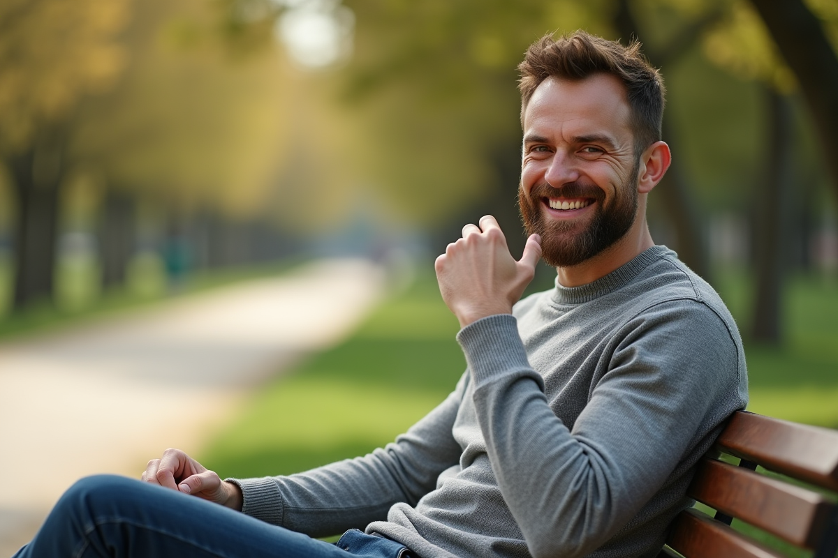 Homme souriant assis sur un banc dans un parc