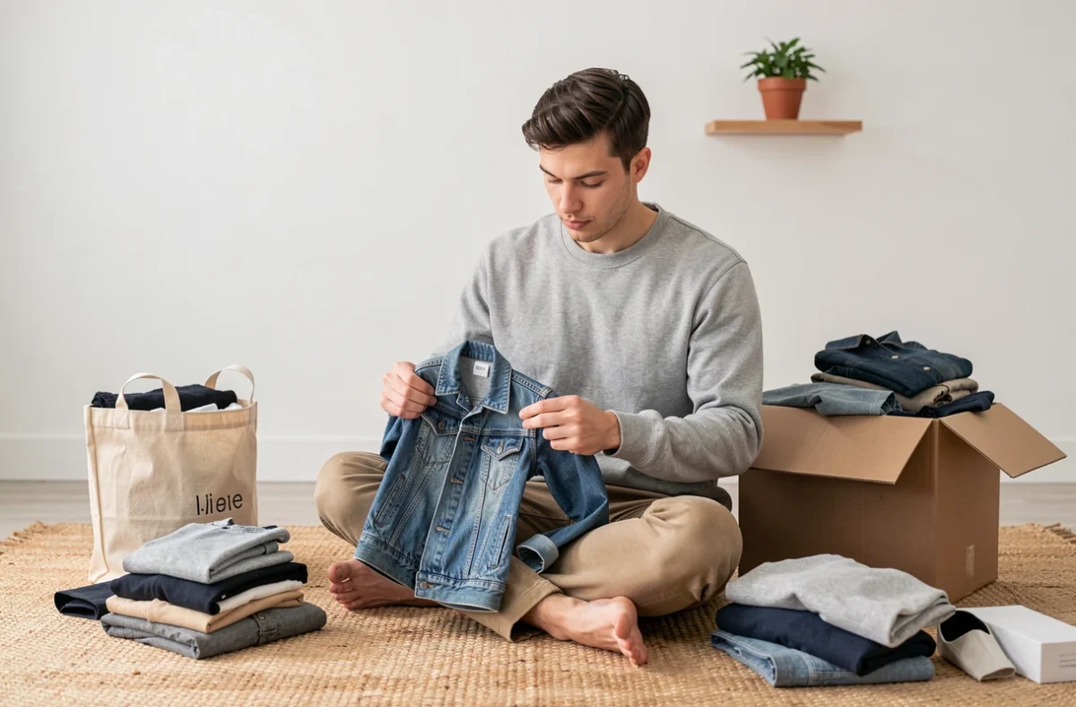 Jeune homme assis au sol triant ses vêtements en piles organisées pour revendre en friperie et adopter un mode de vie minimaliste