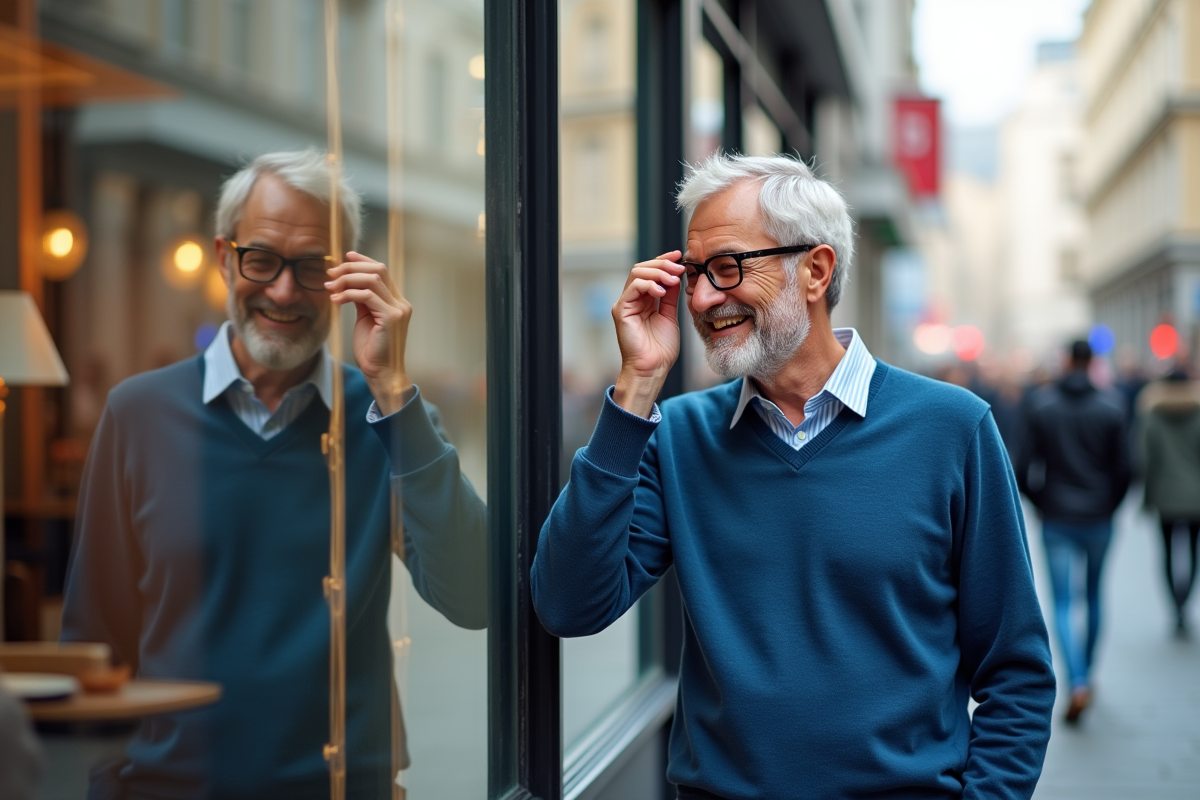Homme souriant ajustant ses lunettes dans une ville animée