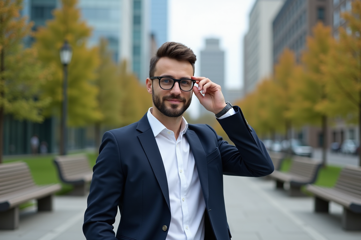 Homme ajustant ses lunettes dans un parc urbain en extérieur