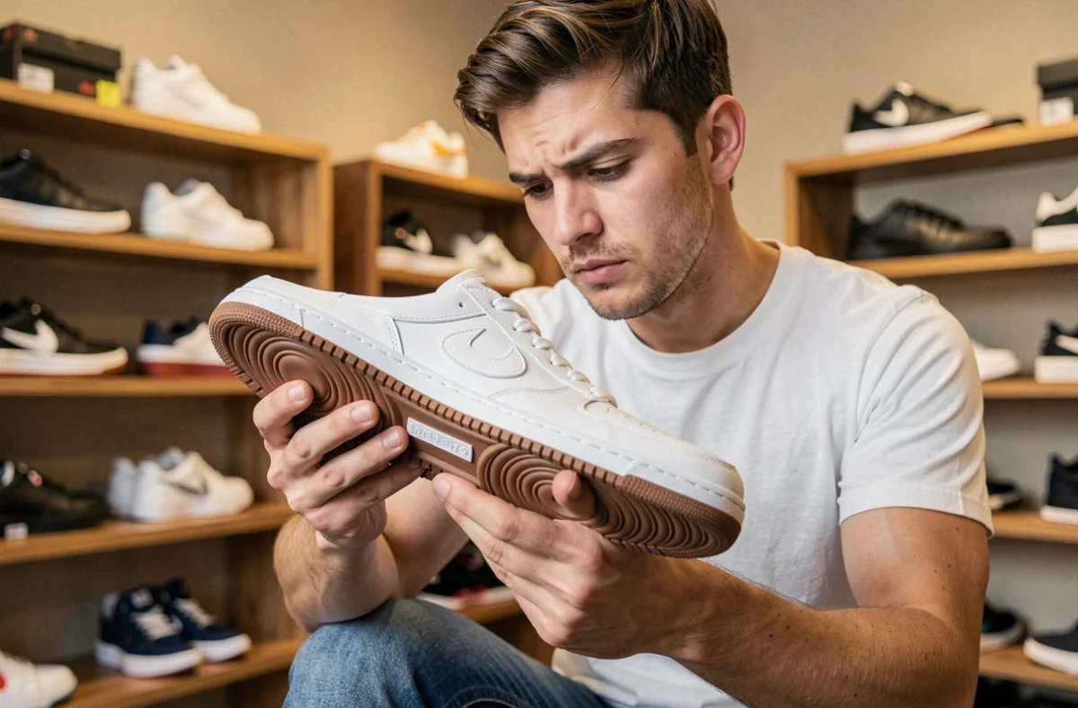 Jeune homme examinant attentivement une basket haut de gamme pour détecter une éventuelle contrefaçon en boutique