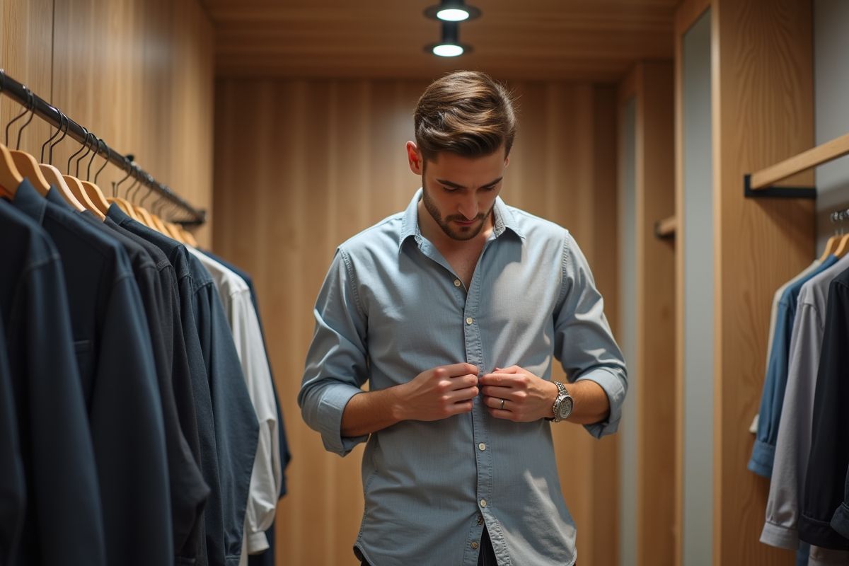 Jeune homme vérifiant les étiquettes dans une boutique