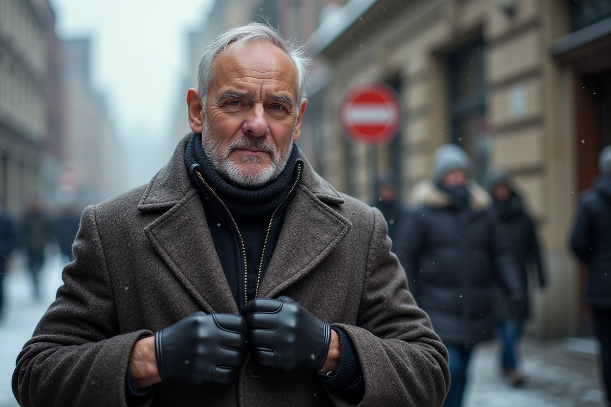 Homme d age en manteau d hiver dans une rue urbaine