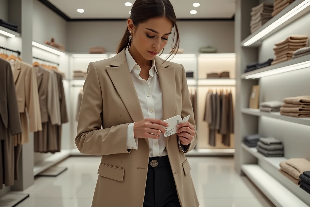 Femme inspectant l'étiquette d'un vêtement dans une boutique pour identifier une vraie marque de créateur