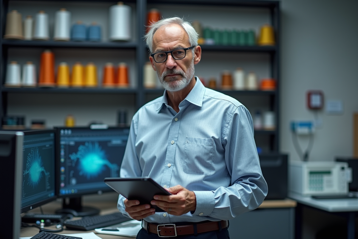 Ingénieur homme en bureau avec tablette et textiles