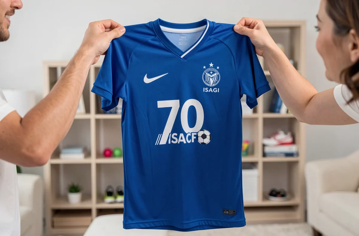 Parent tenant et inspectant un maillot Blue Lock Isagi pour enfant, montrant les détails du tissu et de l'impression du maillot