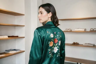 Femme portant une jacket souvenir en satin vert émeraude avec broderies florales dans une boutique minimaliste