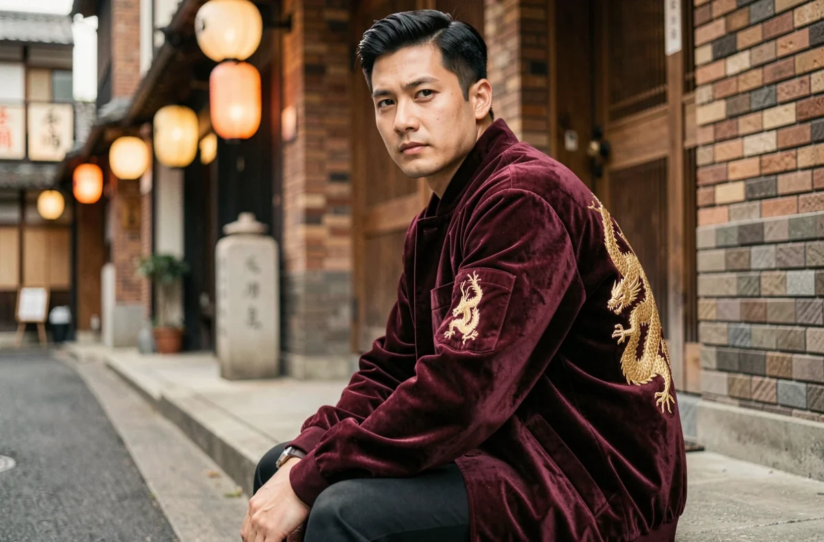 Homme en jacket souvenir en velours bordeaux avec broderie dorée en milieu urbain japonisant