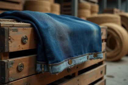 Jean vintage en indigo posé sur une caisse en bois dans un entrepôt portuaire historique, illustrant l'origine maritime du denim