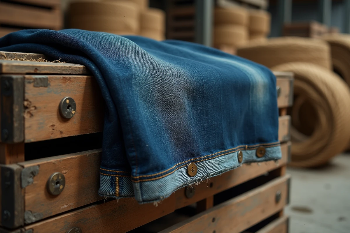 Jean vintage en indigo posé sur une caisse en bois dans un entrepôt portuaire historique, illustrant l'origine maritime du denim