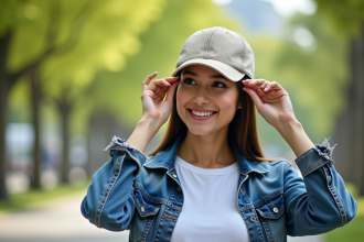 Jeune femme en denim ajustant un casquette dans un parc urbain