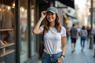 Jeune femme ajustant son casquette dans la ville