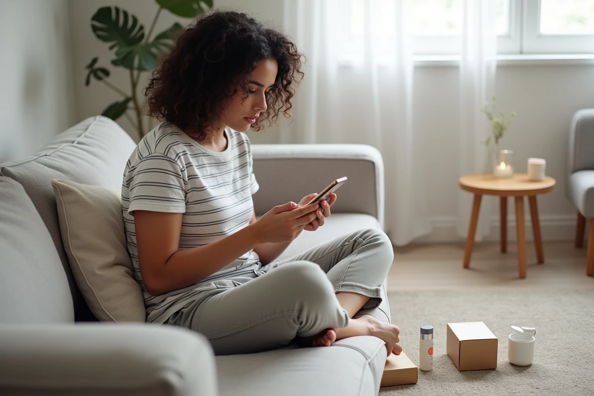 Jeune femme assise sur un canapé consultant son téléphone pour utiliser un code promo ou une réduction Yepoda lors d'un achat de produits de soin
