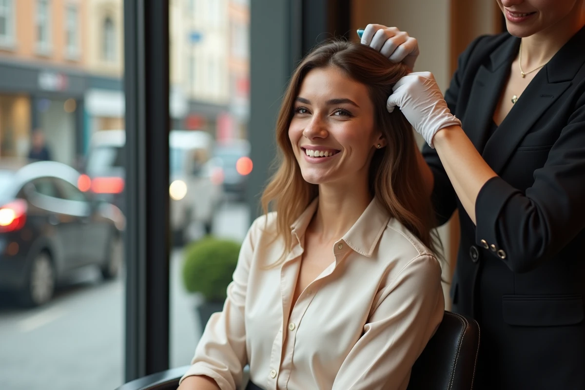 Jeune femme souriante en salon urbain moderne coiffée par un styliste