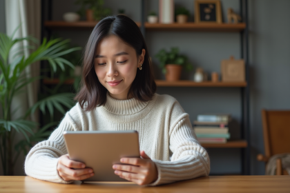 Jeune femme &eacute;tudiante regarde son reflet sur une tablette dans un salon cosy