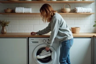 Jeune femme place des sneakers usés dans la machine à laver