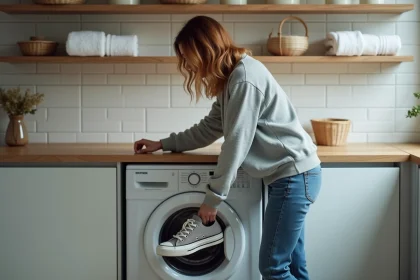 Jeune femme place des sneakers us&eacute;s dans la machine &agrave; laver