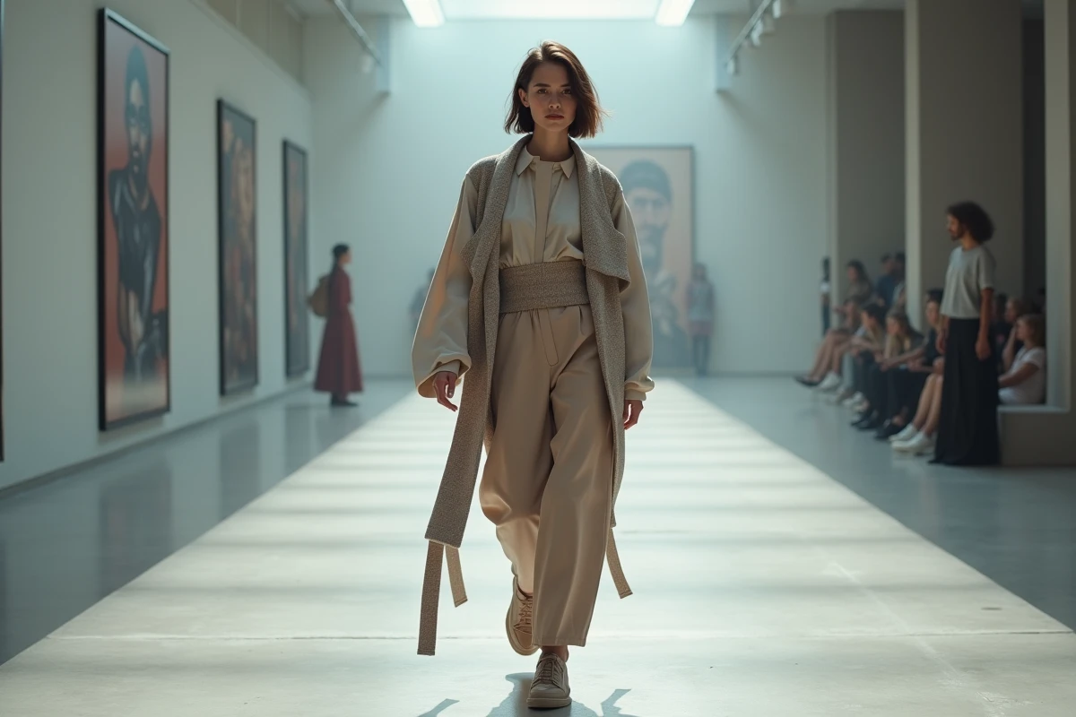 Jeune femme en tenue moderne posant sur un runway contemporain