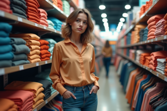 Jeune femme en mode tendance devant un rayon de vêtements