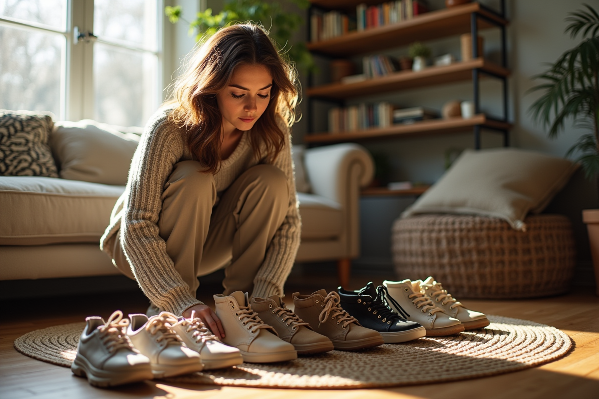 Jeune femme trie des chaussures dans un salon lumineux