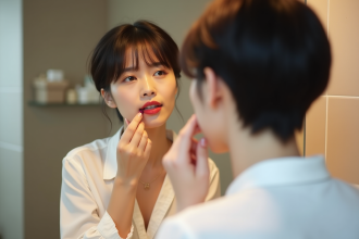 Jeune femme appliquant du rouge à lèvres dans un miroir