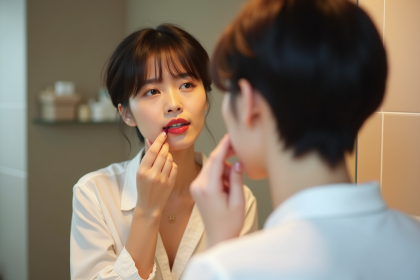 Jeune femme appliquant du rouge à lèvres dans un miroir