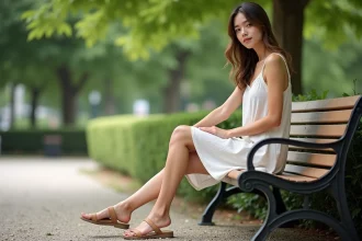 Jeune femme en été portant sandale minimaliste dans un parc