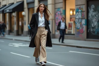 Jeune femme mode urbaine marche dans la ville