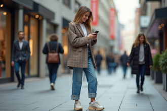 Jeune femme en blazer à carreaux dans la ville