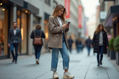 Jeune femme en blazer à carreaux dans la ville