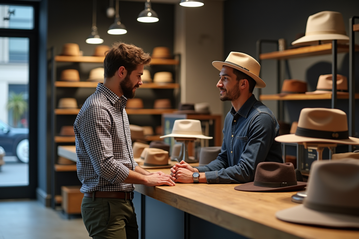Jeune homme expliquant des termes de chapeaux en magasin