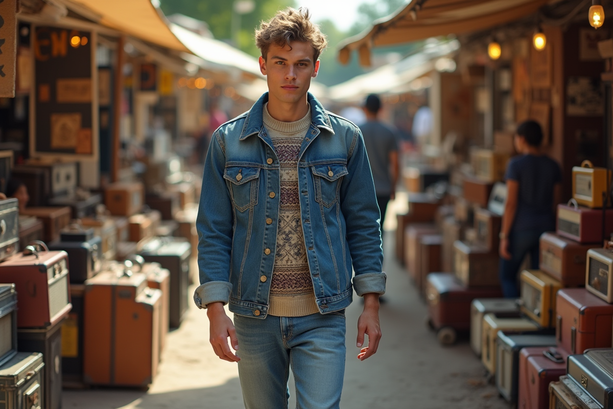 Jeune homme dans une brocante vintage avec valises et disques
