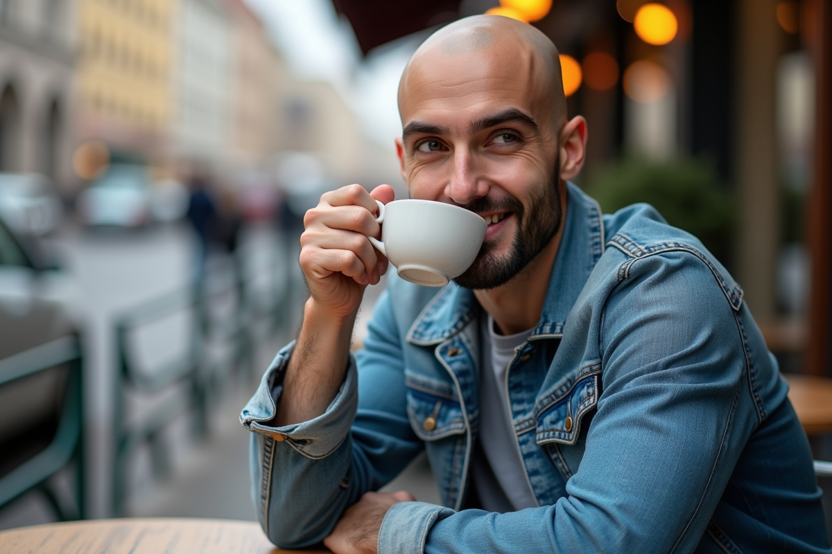 Jeune homme barbu souriant au café en ville
